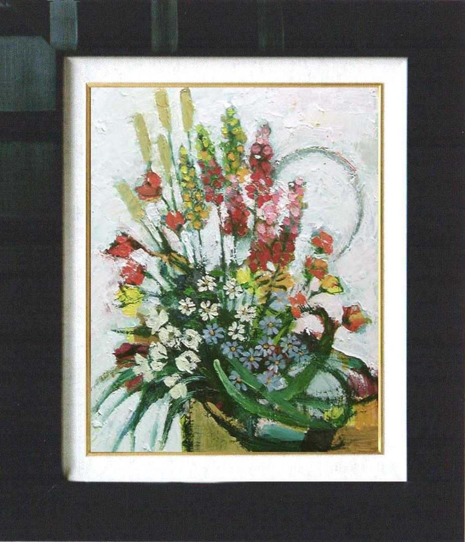 油絵 菅家令子 絵 絵画インテリア 額付(青緑＋金色の枠)uF6-111202花