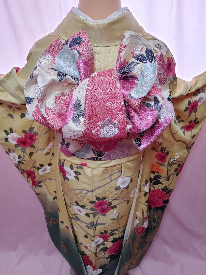 豪華　牡丹　振袖　袋帯　帯揚げ　帯締めセット　刈安色(薄い緑がかった黄色)