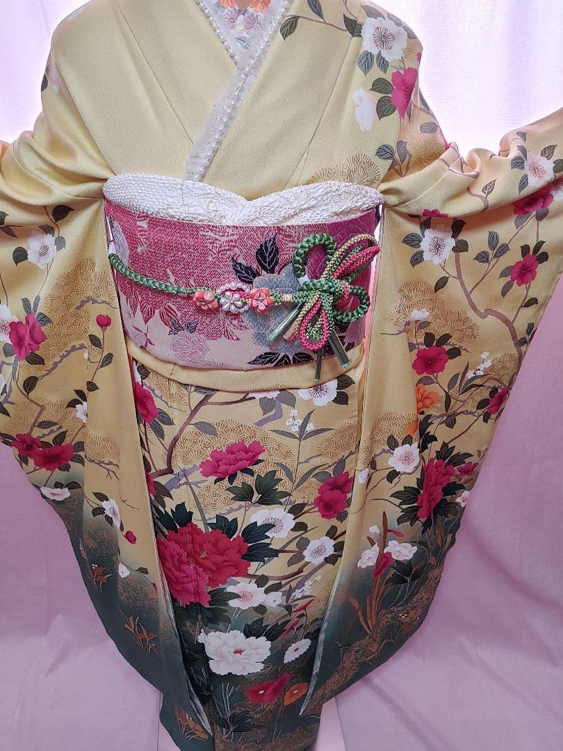 豪華　牡丹　振袖　袋帯　帯揚げ　帯締めセット　刈安色(薄い緑がかった黄色)
