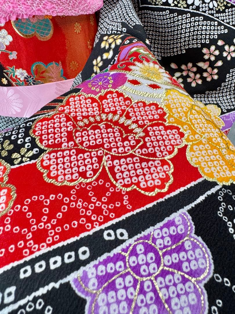 七五三着物帯セット　7歳　黒系　絞り柄