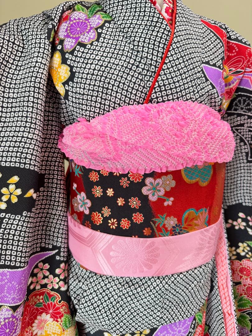 七五三着物帯セット　7歳　黒系　絞り柄