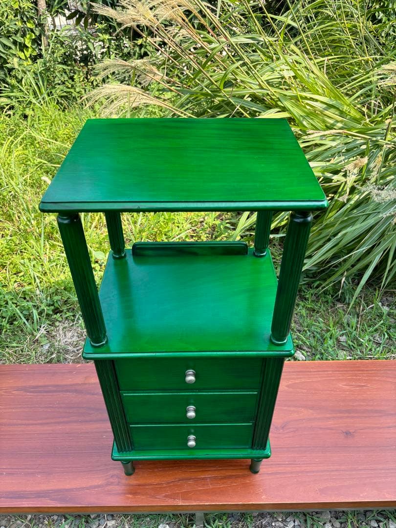 昭和レトロ　グリーンの木製電話台・ファックス台　飾り棚　花台