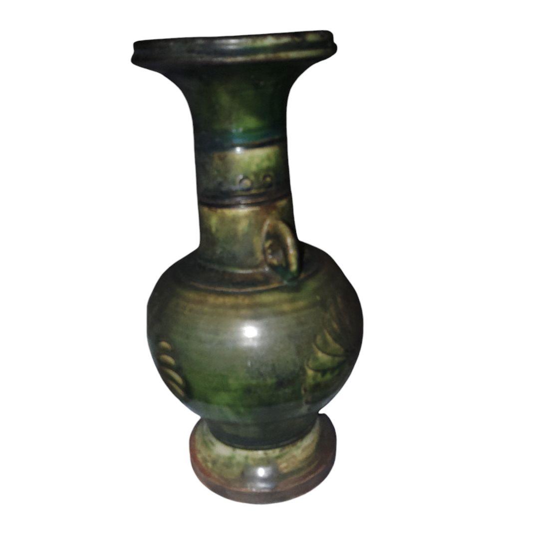 古瀬戸　青織部　印花文盤口花瓶　骨董品