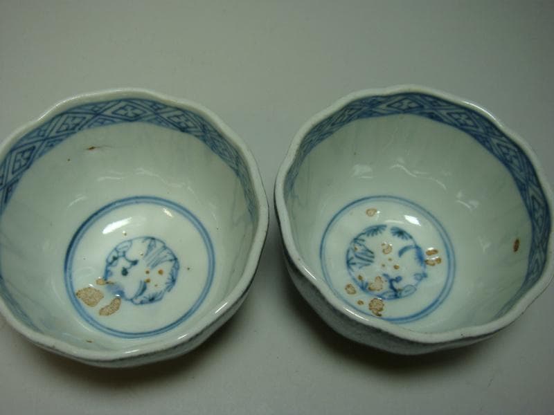 蕎麦猪口■微塵唐草紋 古伊万里染付ソバチョコ 成化年製 時代物骨董品(江戸期)■