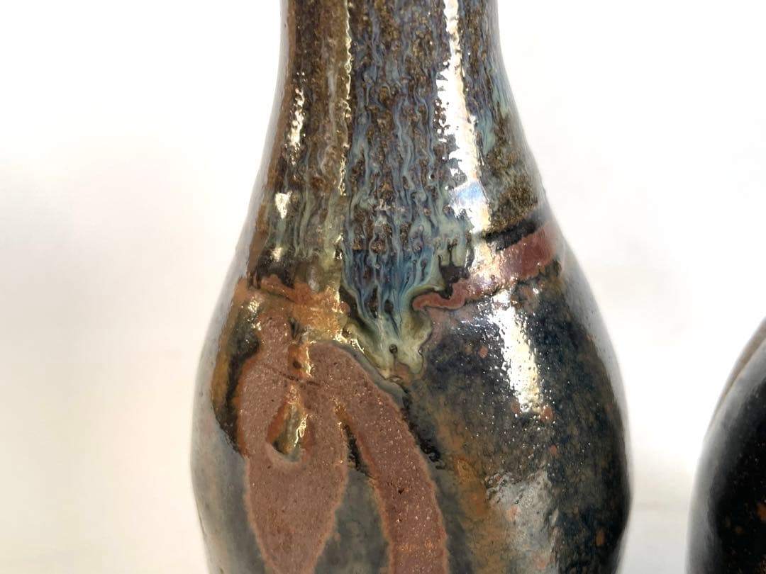 陶芸家　人間国宝　濱田庄司　浜田庄司　酒器　徳利　一対　共箱　指描　鉄釉　民藝