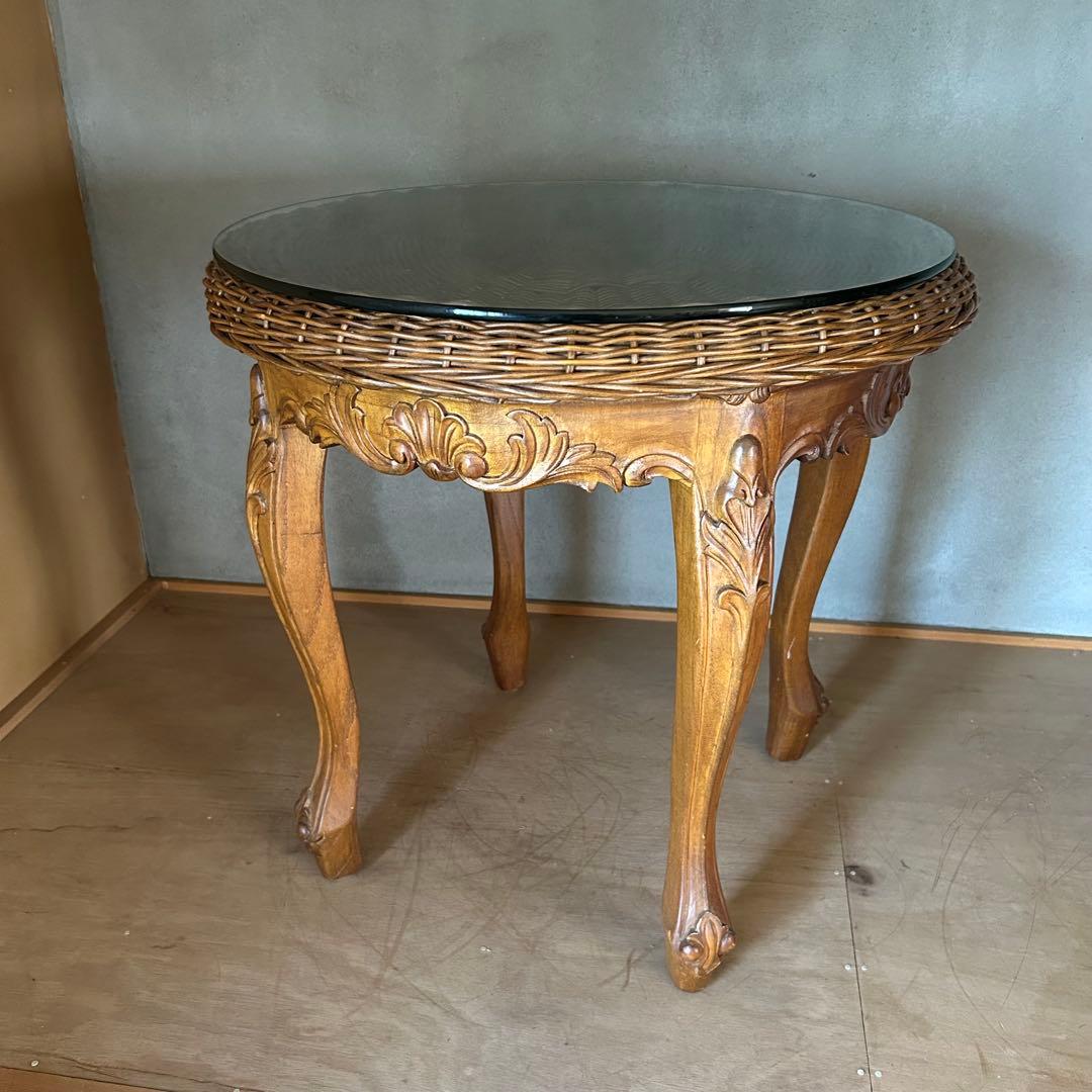 猫脚ラタンガラステーブル