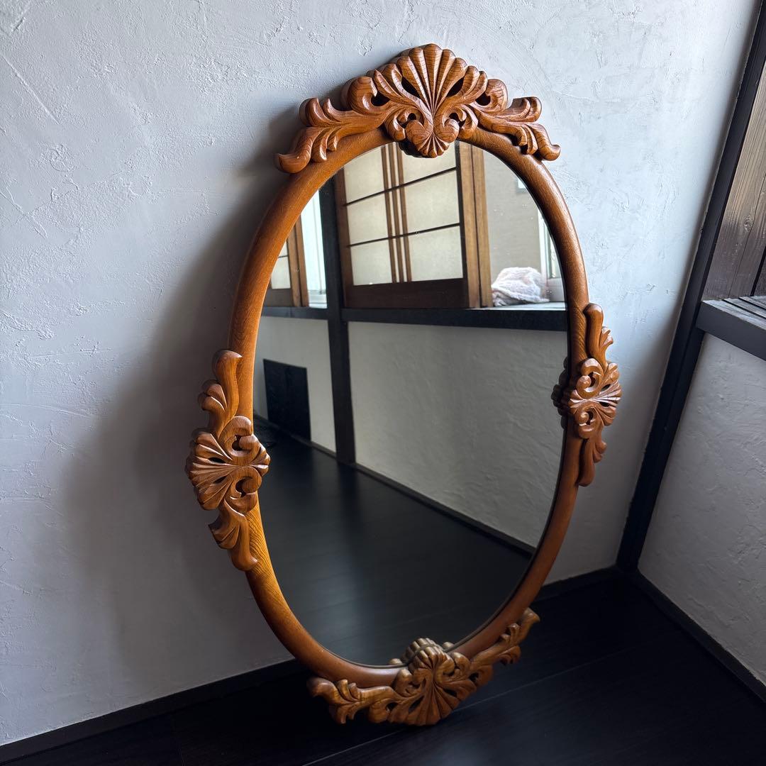 アンティーク ウォールミラー 昭和レトロ 古道具 彫刻 ビンテージ 鏡