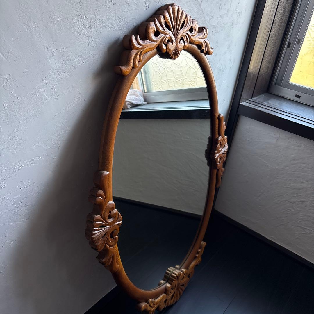 アンティーク ウォールミラー 昭和レトロ 古道具 彫刻 ビンテージ 鏡