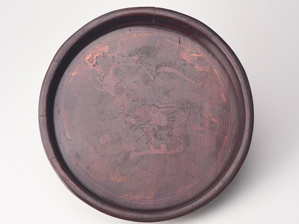 【木】　★ 民俗 描金花卉龍紋木盆 ★　清朝期　當萬茂 在銘　雅玩雑項