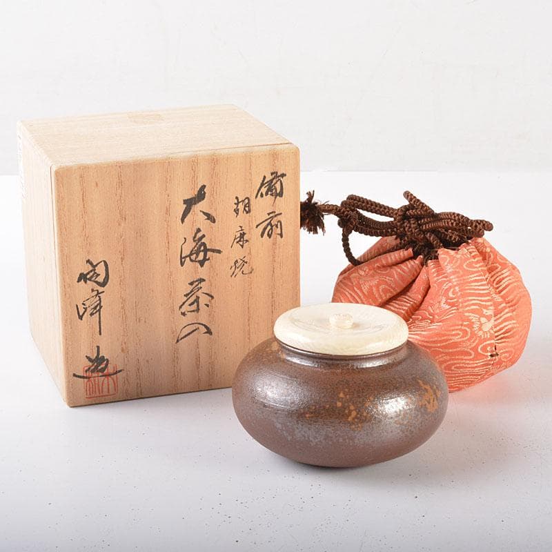 茶道具　備前焼　木村陶峰造　胡麻焼　大海茶入　仕覆付　共箱　V　6841