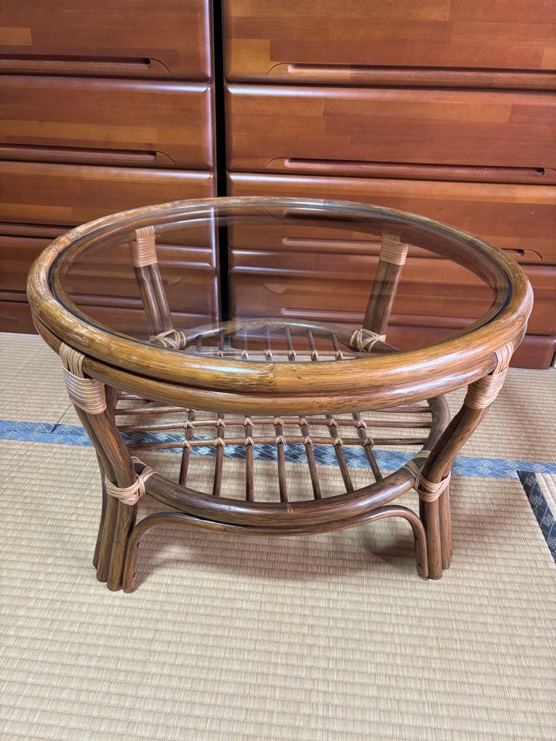 ナチュラル天然素材◾️ガラス天板×籐ラタンフレーム サイド 丸テーブル