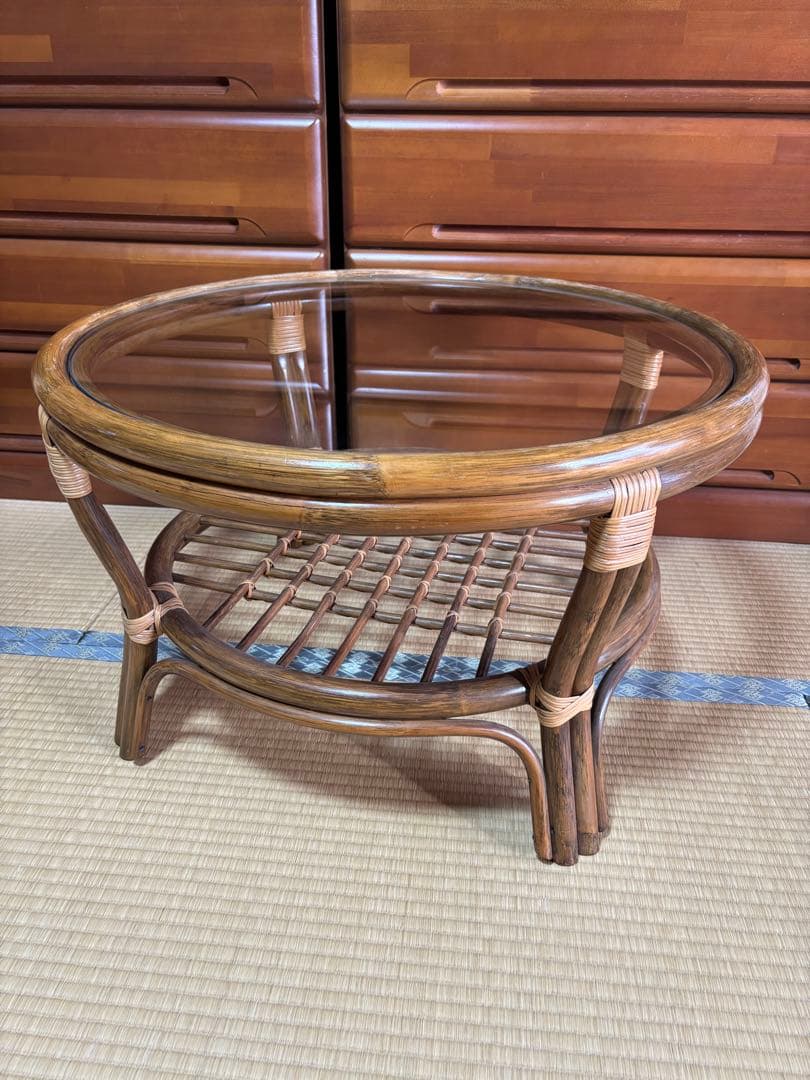 ナチュラル天然素材◾️ガラス天板×籐ラタンフレーム サイド 丸テーブル