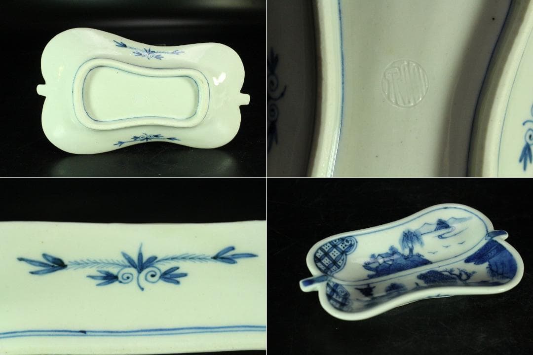 三浦竹泉作 青花山水 団扇形 皿 揃い 大小五客(K-XA885)