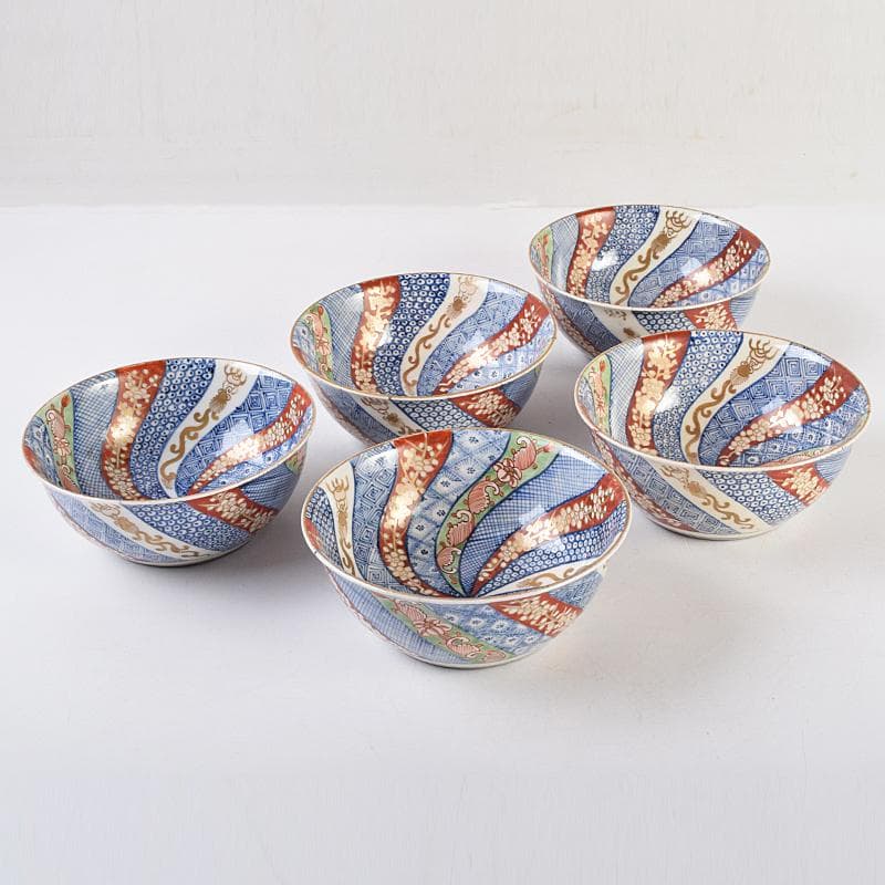 伊万里焼　五良太甫呉祥瑞造　色絵棯文　菓子鉢　五客　合わせ箱　M　R9495