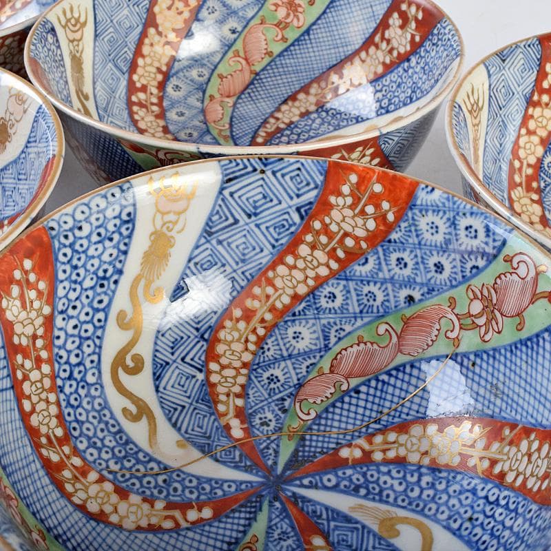 伊万里焼　五良太甫呉祥瑞造　色絵棯文　菓子鉢　五客　合わせ箱　M　R9495