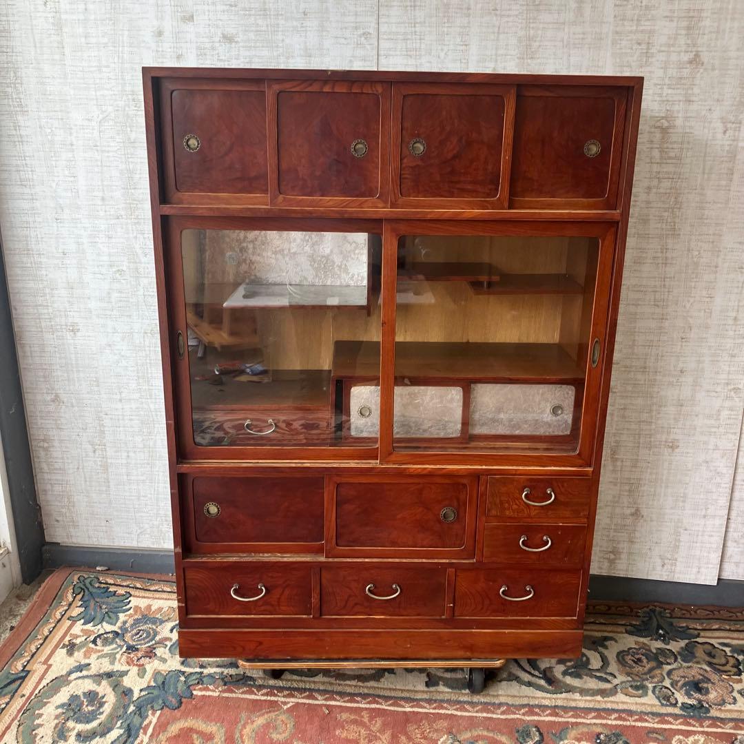 昭和レトロ 木製 茶箪笥 茶棚 ガラス戸 サイドボード 古家具 古民家 無垢材