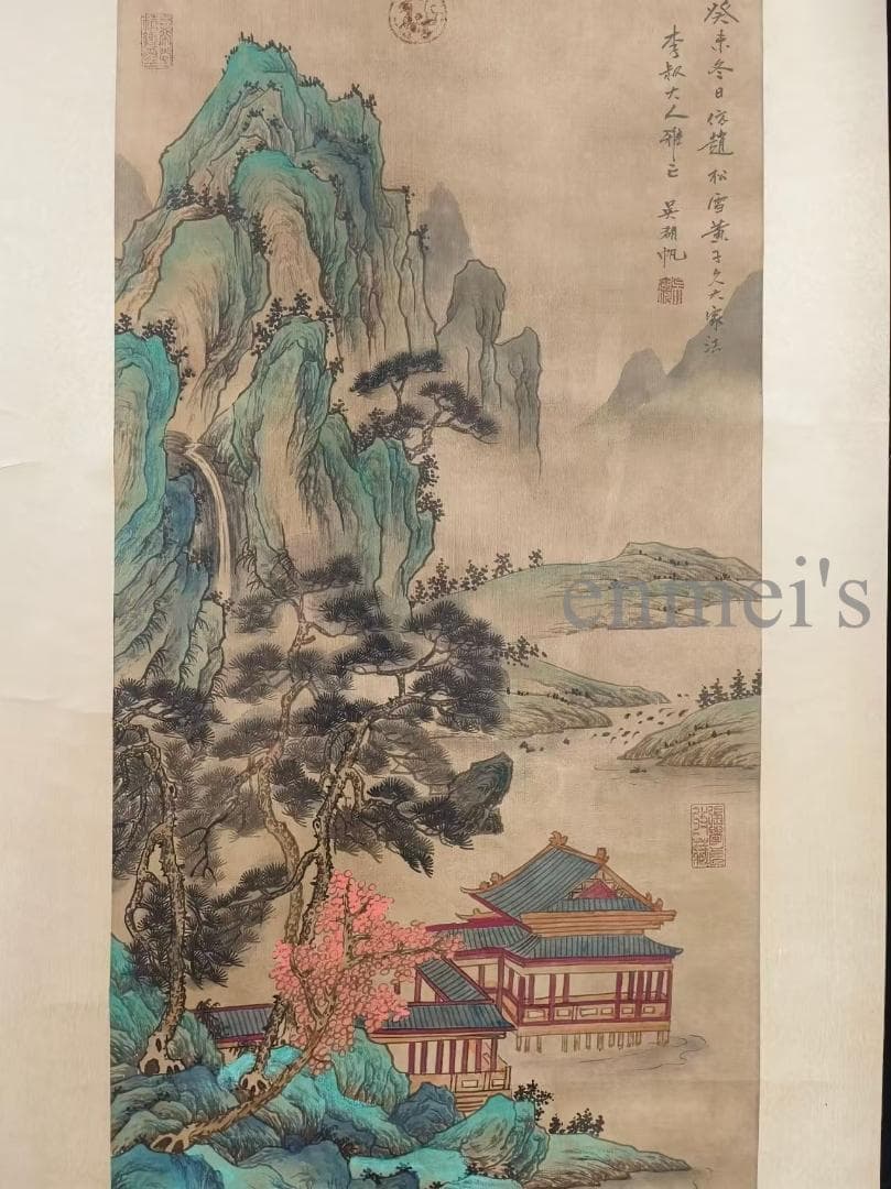 中国古美術 近代 絹本手描き 呉湖帆作款 山水画 掛軸 三尺 牙軸 肉筆 古玩