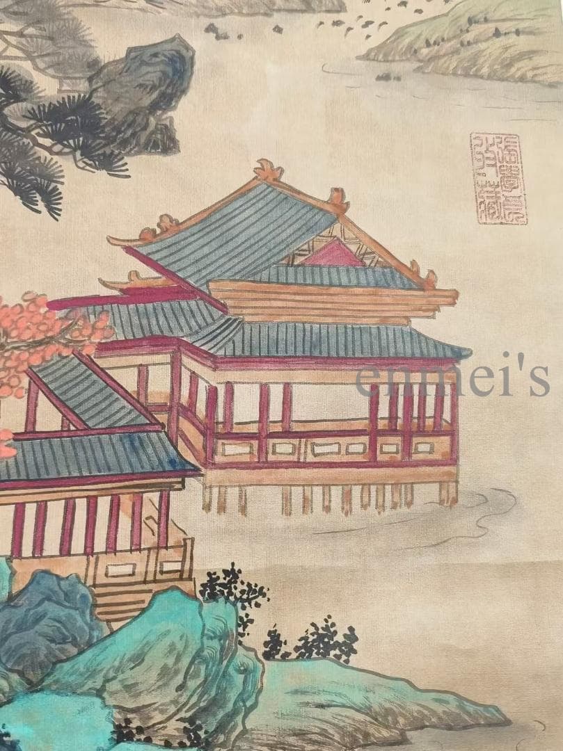 中国古美術 近代 絹本手描き 呉湖帆作款 山水画 掛軸 三尺 牙軸 肉筆 古玩