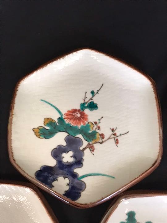 九谷焼の名工　三ツ井為吉　絵変わり　六角　銘々皿5客　K202 本物保証