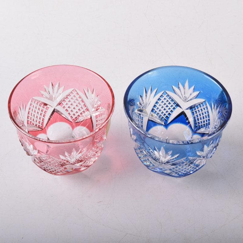 伝統工芸　江戸切子　カガミクリスタル　懐石杯　盃　一對　共箱　V　7506