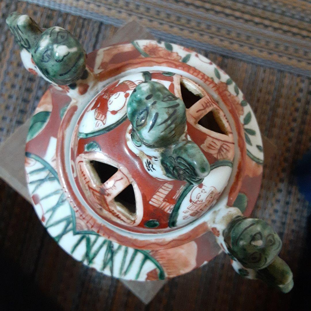 古い伊万里赤絵九谷焼香炉/江戸唐子狛犬薩摩十字角福小槌三足耳付/瓔珞緑釉窓絵箱入