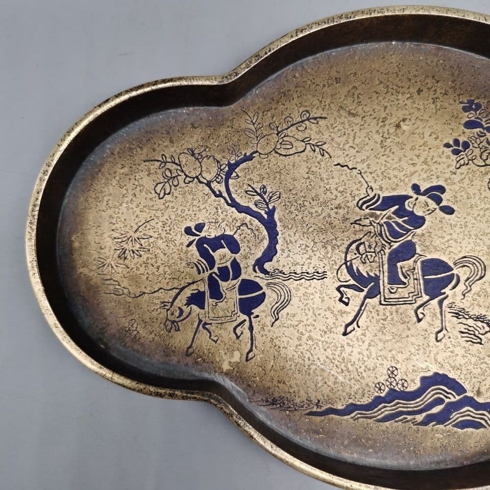 銅 細工 中国茶器 樹紋狩猟図 銅盤 果盤 茶盤銅 茶道具 置物