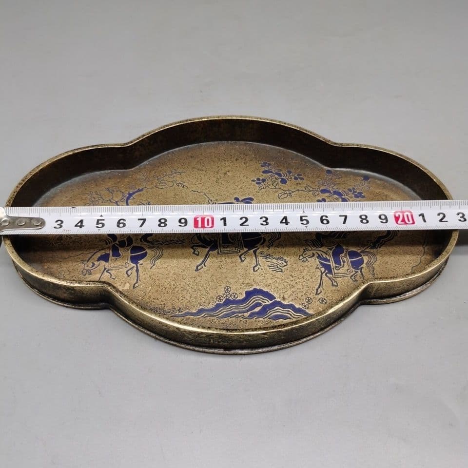 銅 細工 中国茶器 樹紋狩猟図 銅盤 果盤 茶盤銅 茶道具 置物