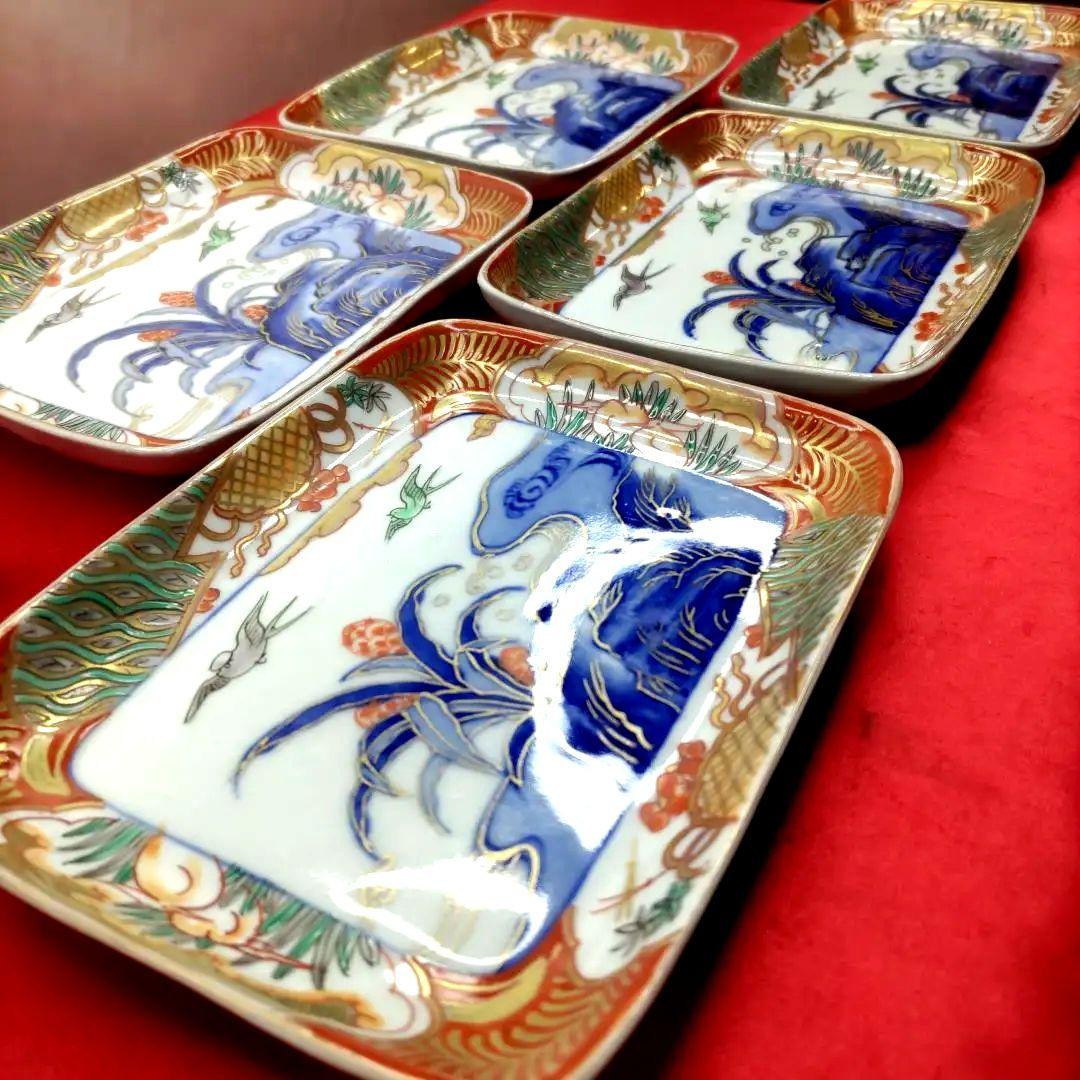 有田焼　伊万里焼　古伊万里　金彩　色絵　小皿　角皿　長角皿　刺し身皿5客セット③