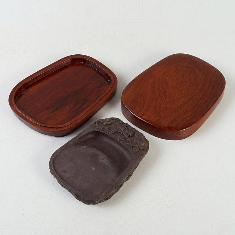 中国　書道具　花鳥彫　端渓硯　唐木箱　C　9599