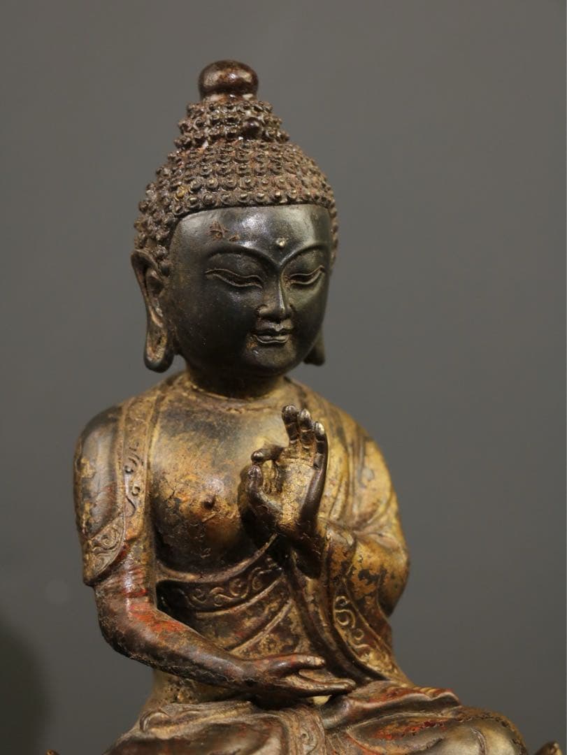 珍蔵　純銅泥金朱砂　仏像【釈迦牟尼仏】　インテリア　骨董品　アンティーク　置物