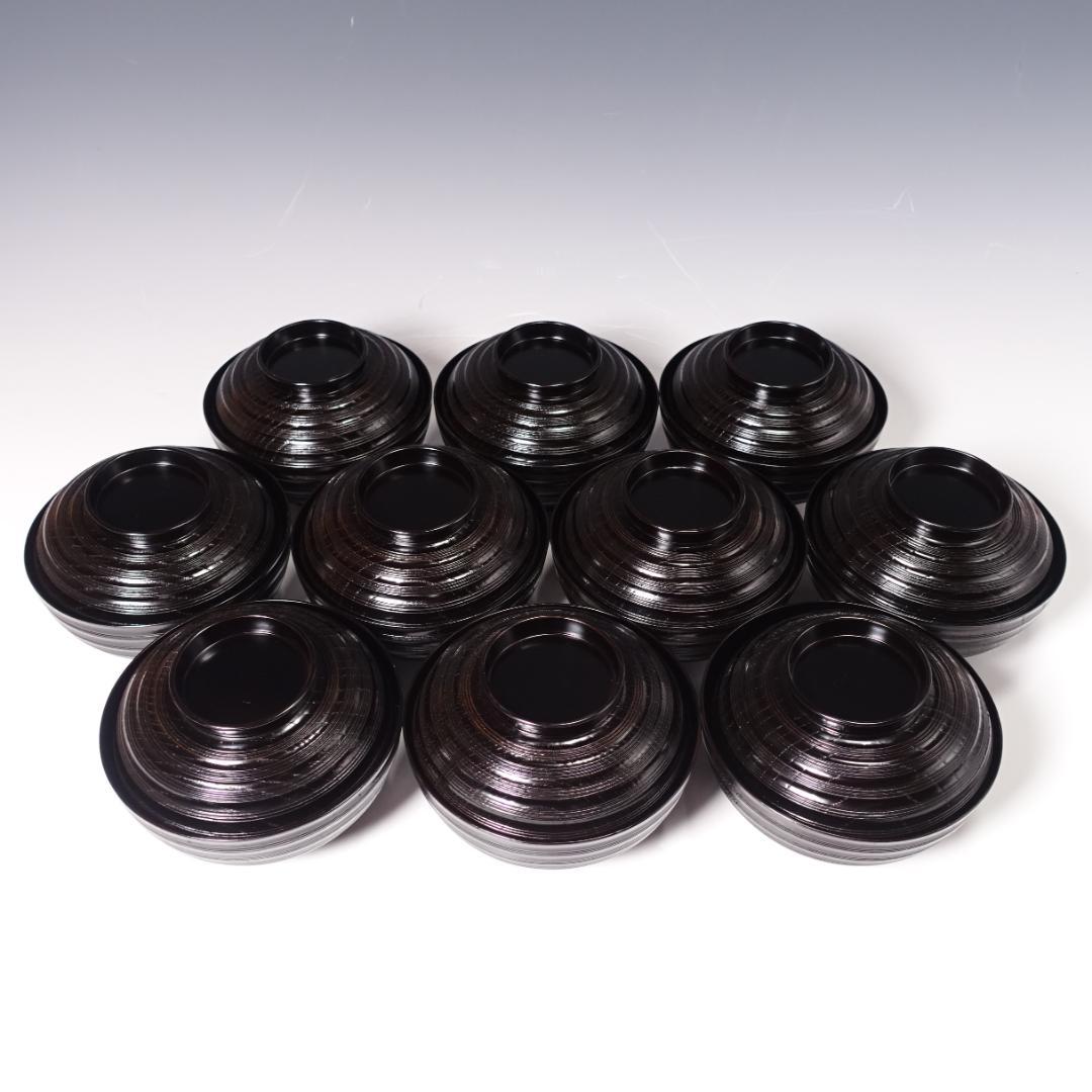 輪島塗師 堀川蒼雲 黒塗 糸目 見返七宝蒔絵 煮物椀 10客 共箱 天然木製