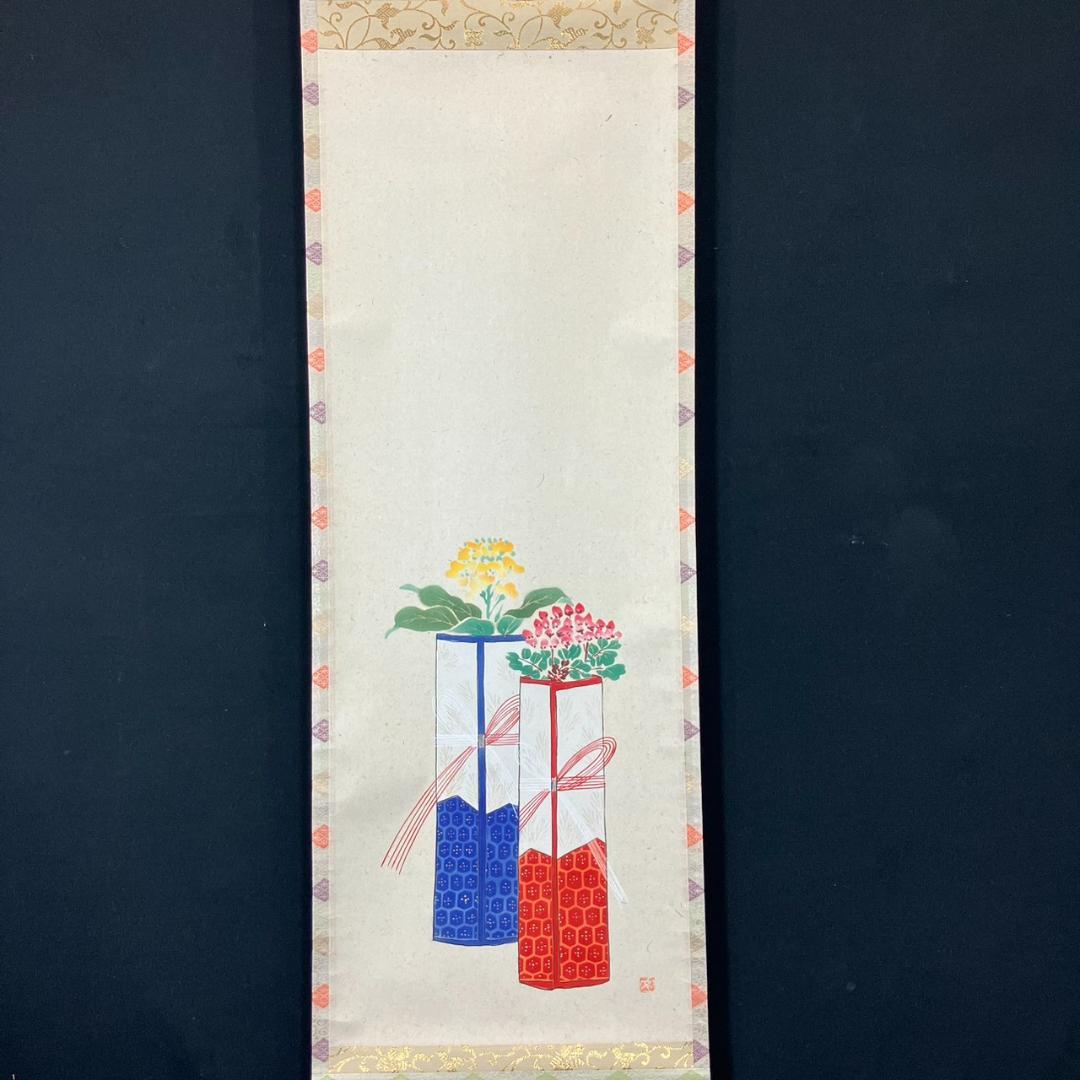 4182 上村米重 「花雛之図」 共箱 肉筆 紙本 日本画 掛軸 桃の節句