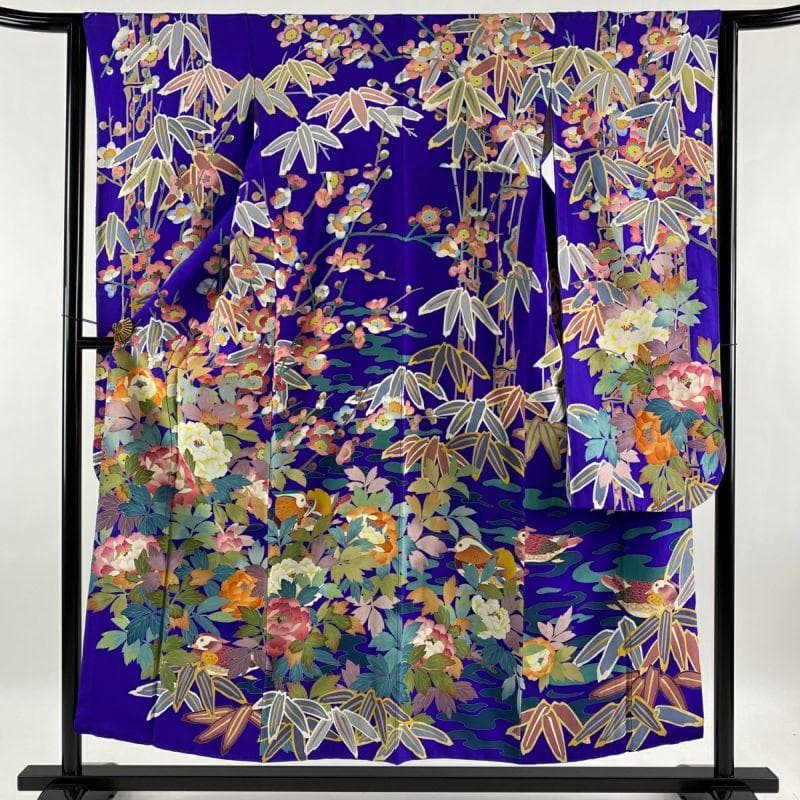 売り切り 青紫 手描き友禅 笹 牡丹 鴛鴦 振袖 落款あり