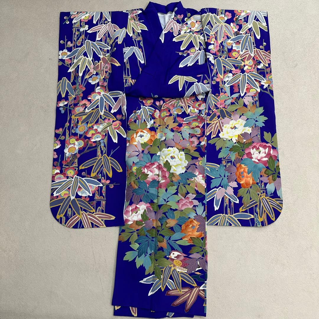 売り切り 青紫 手描き友禅 笹 牡丹 鴛鴦 振袖 落款あり