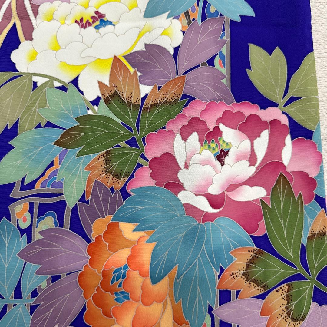 売り切り 青紫 手描き友禅 笹 牡丹 鴛鴦 振袖 落款あり