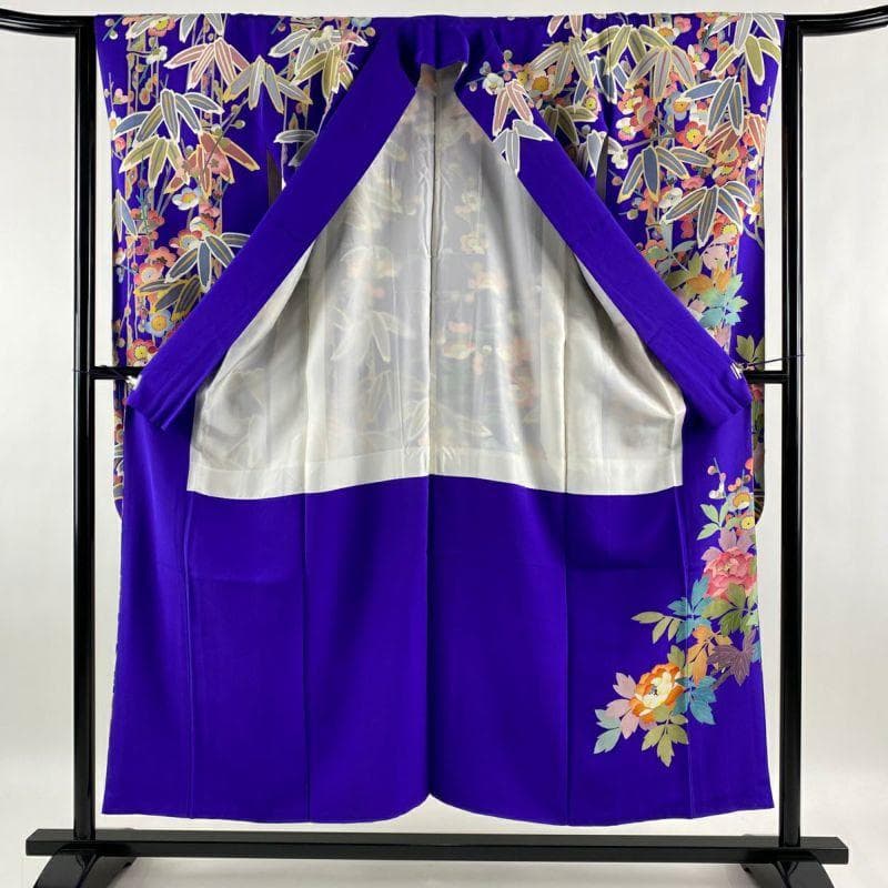 売り切り 青紫 手描き友禅 笹 牡丹 鴛鴦 振袖 落款あり