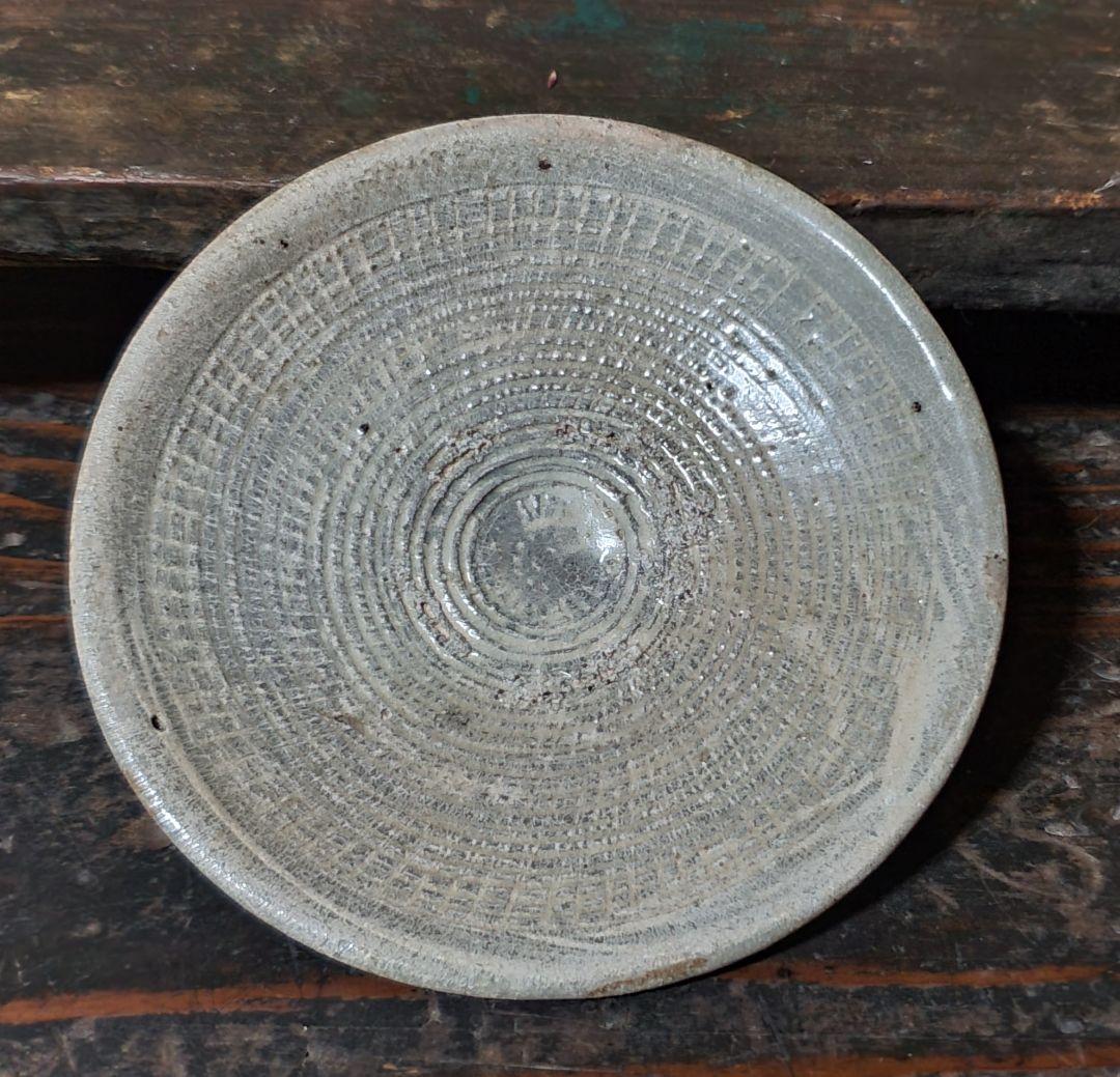 李朝 粉靑沙器印花文平皿