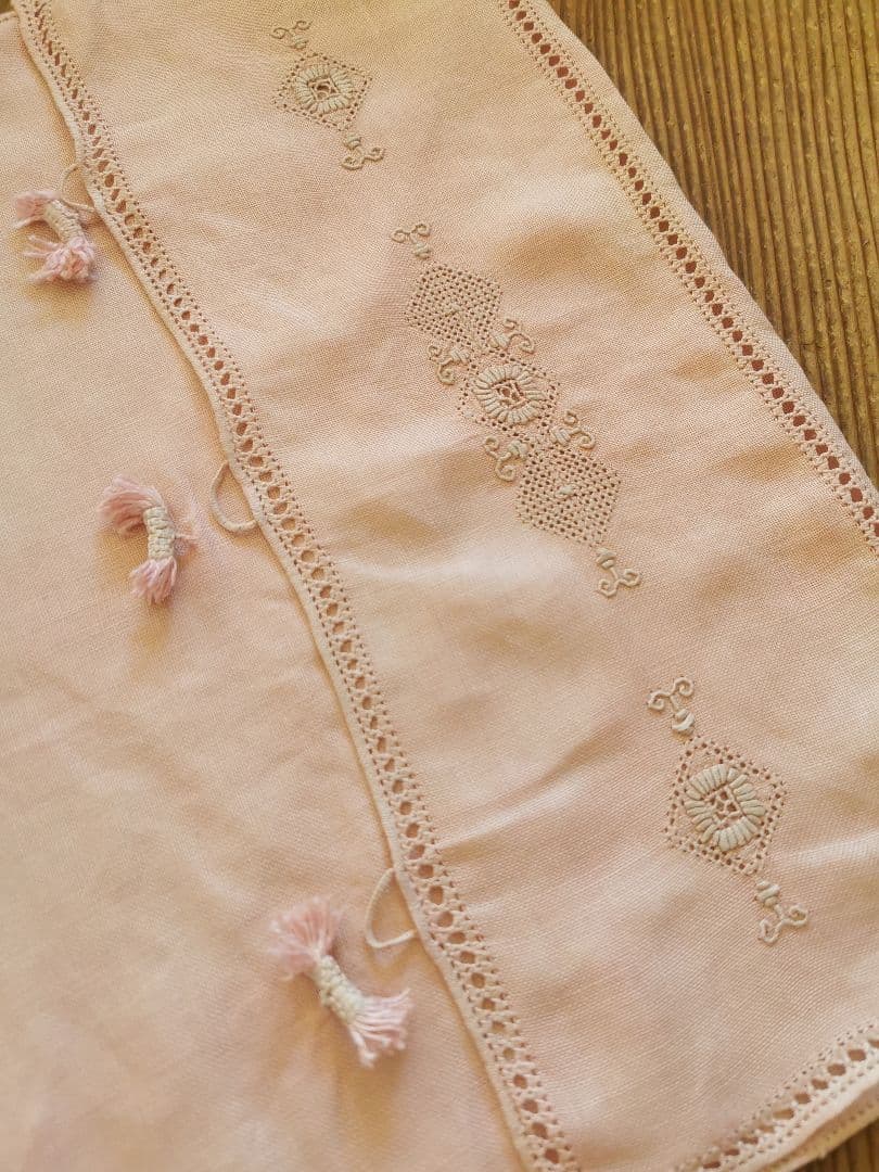 アンティーク 珊瑚色蓋付きランジェリーケース ピローカバー 盛上＆梯子レース刺繍