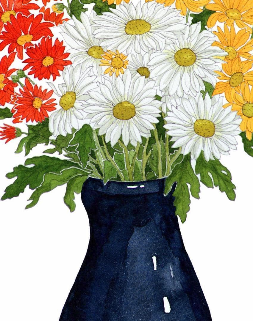 国際展作家「青い花瓶の菊」小原雅夫/真作/D・リトグラフ/静物/安野光雅の影響