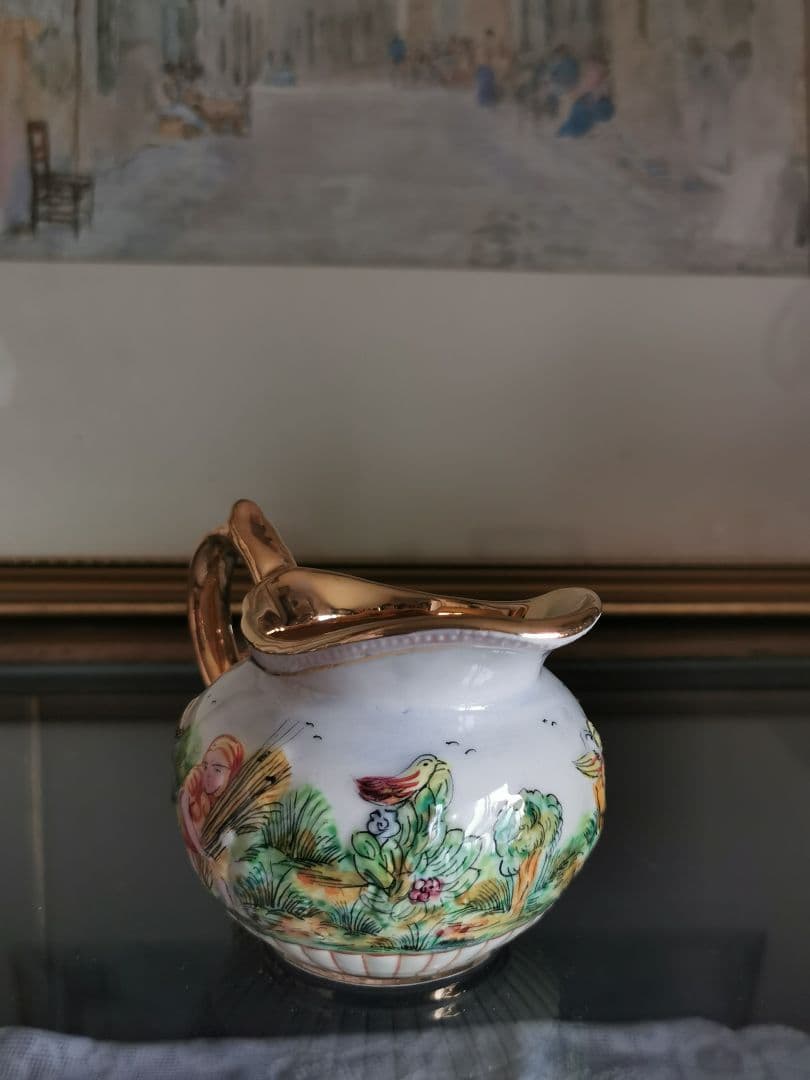 アンティークイタリア カポディモンティ 子供と鳥の実りの草原 収穫 クリーマー