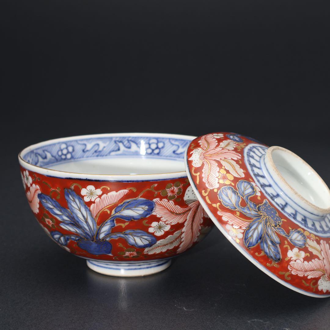 伊万里赤絵野菜図煮物碗2客　色絵　古伊万里　骨董　蓋物　R1361w3B2