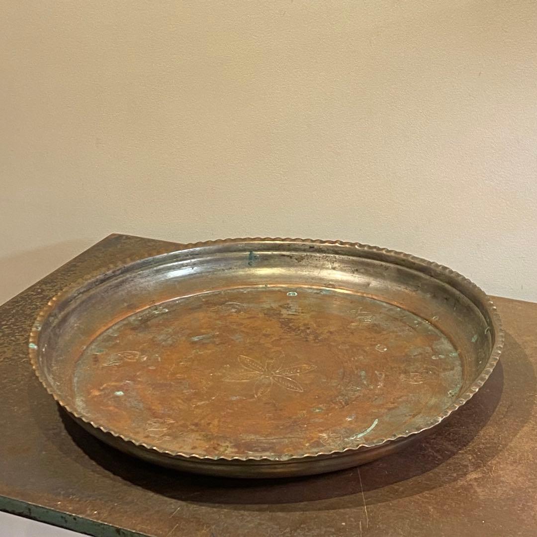 古銅彫刻装飾イスラミックトレイ 錫メッキ 打ち出し アンティーク
