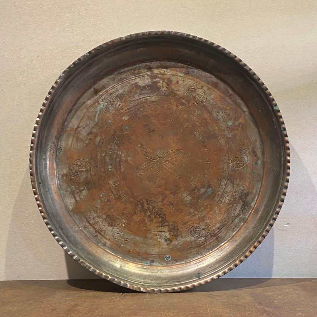 古銅彫刻装飾イスラミックトレイ 錫メッキ 打ち出し アンティーク