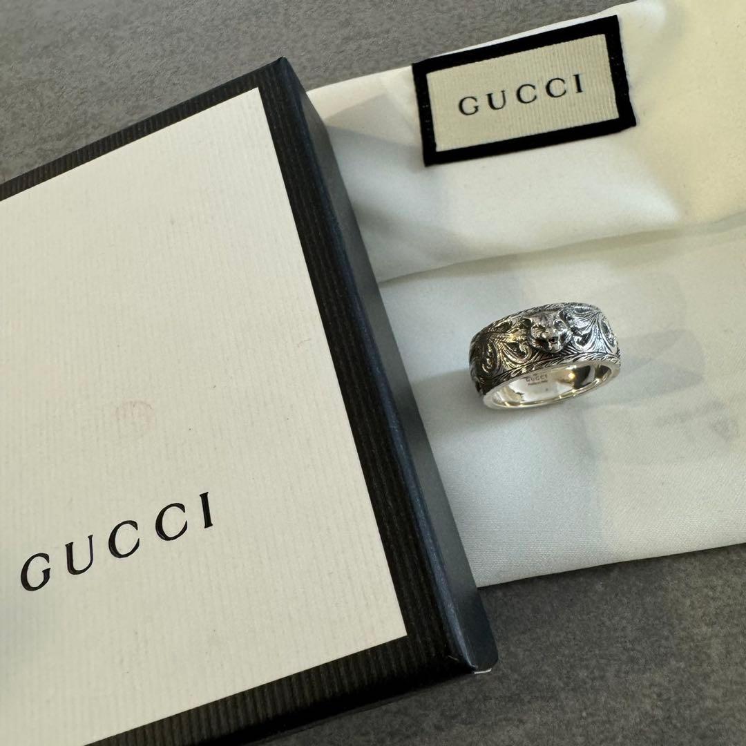 GUCCI ライオンヘッド シルバーリング エングレービング 幅広 指輪