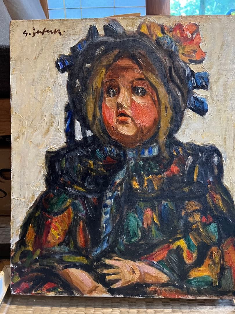 寿福院祥一　油彩画 少女の肖像 金色と青色のフレーム