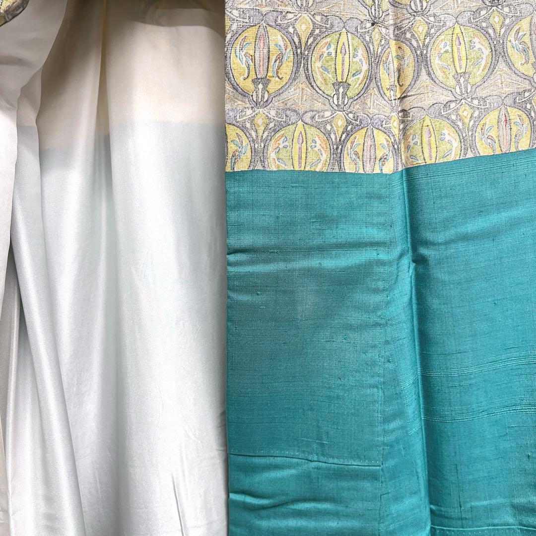 作家もの　紬　付け下げ　抽象模様　ナイルブルー　紋無し　着物　063a d