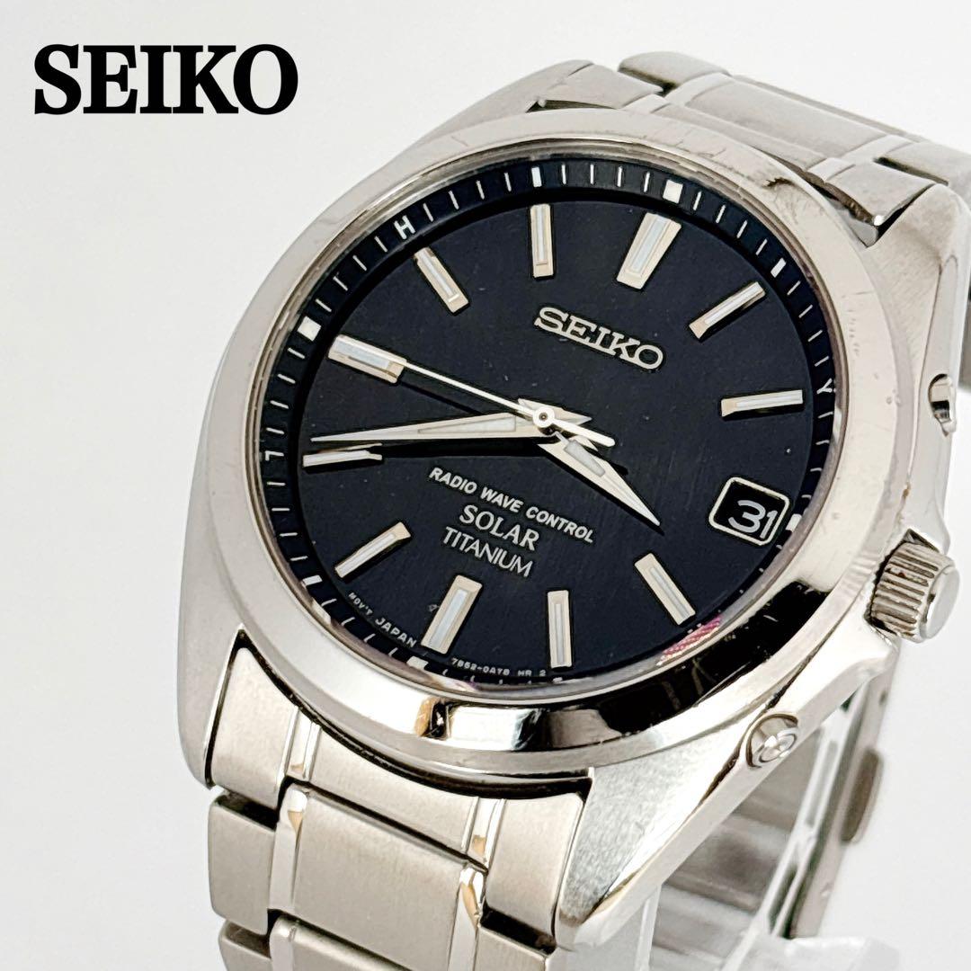 稼働 SEIKO メンズ腕時計 SOLAR デイト 黒文字盤 チタン Y2K