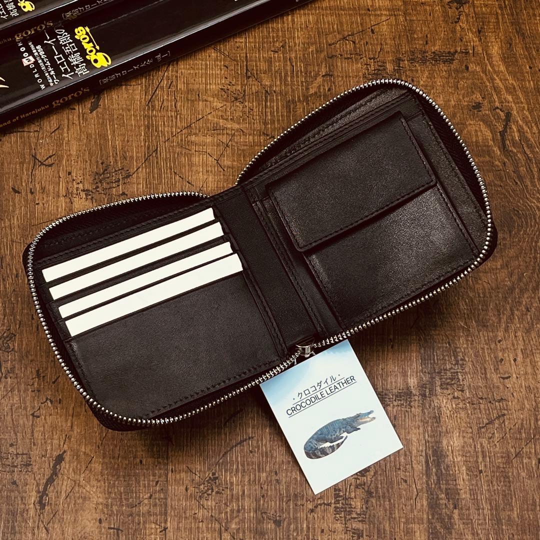 実物撮影 一枚革 二つ折り財布 クロコダイル メンズ ラウンドファスナー 新品