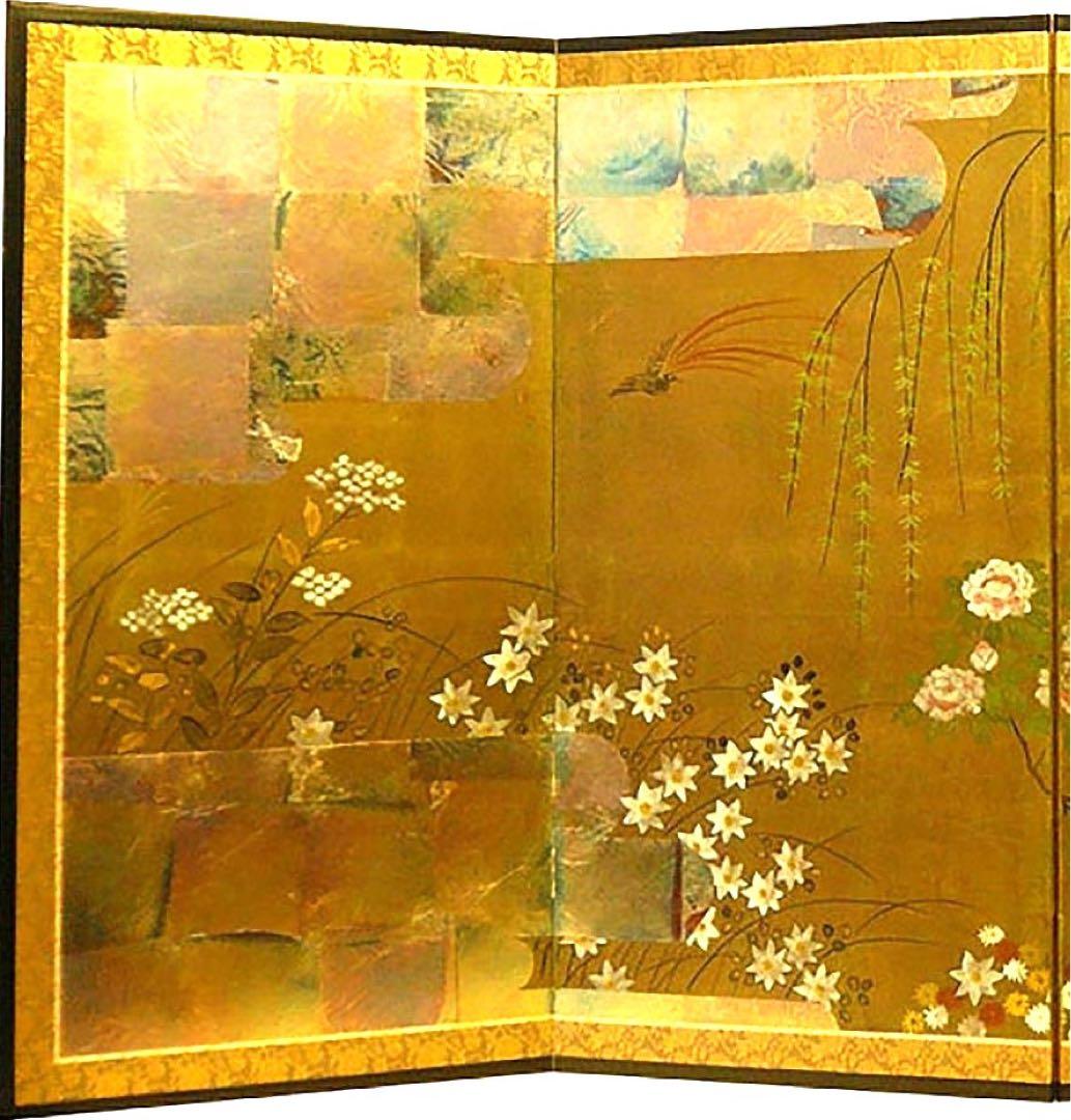 四つ折り屏風　日本画　金箔彩色　浮世花見