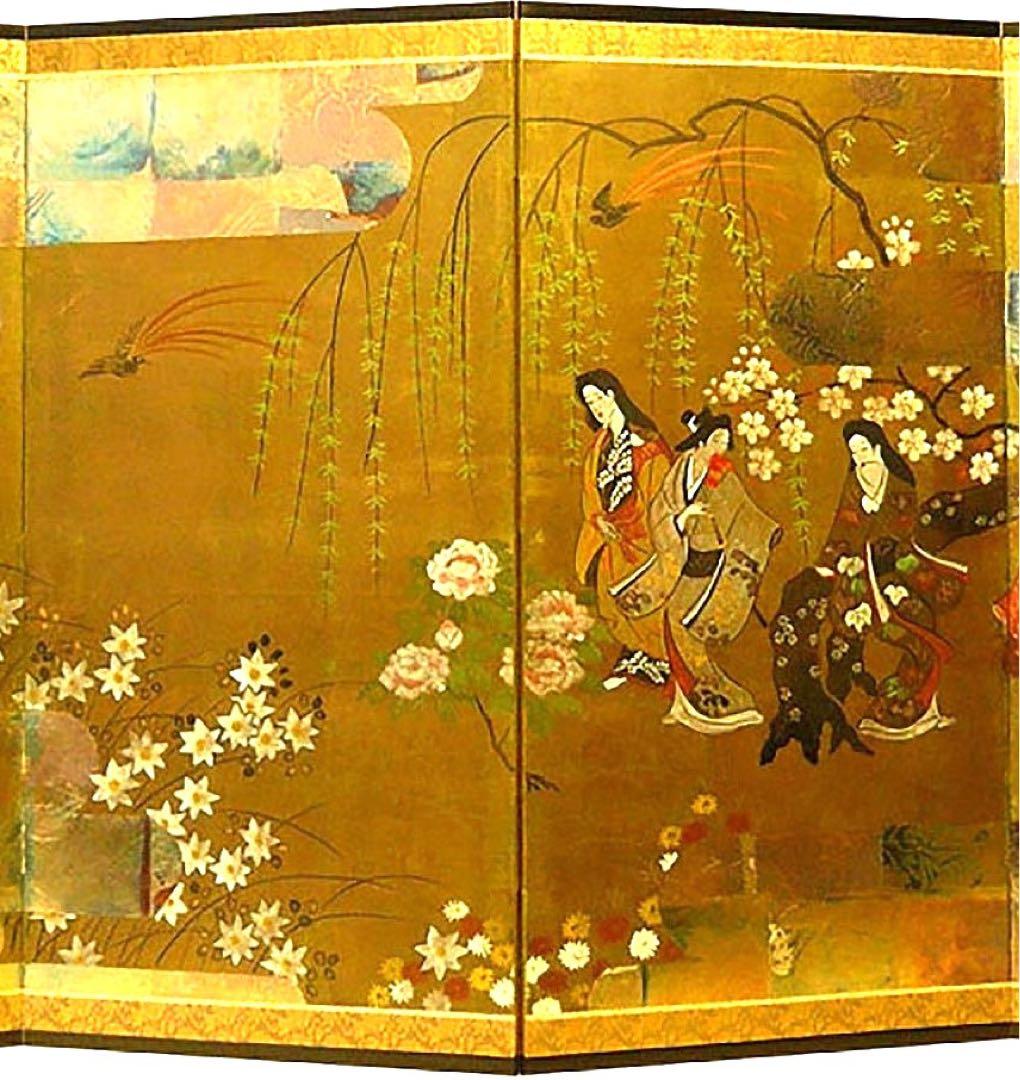 四つ折り屏風　日本画　金箔彩色　浮世花見